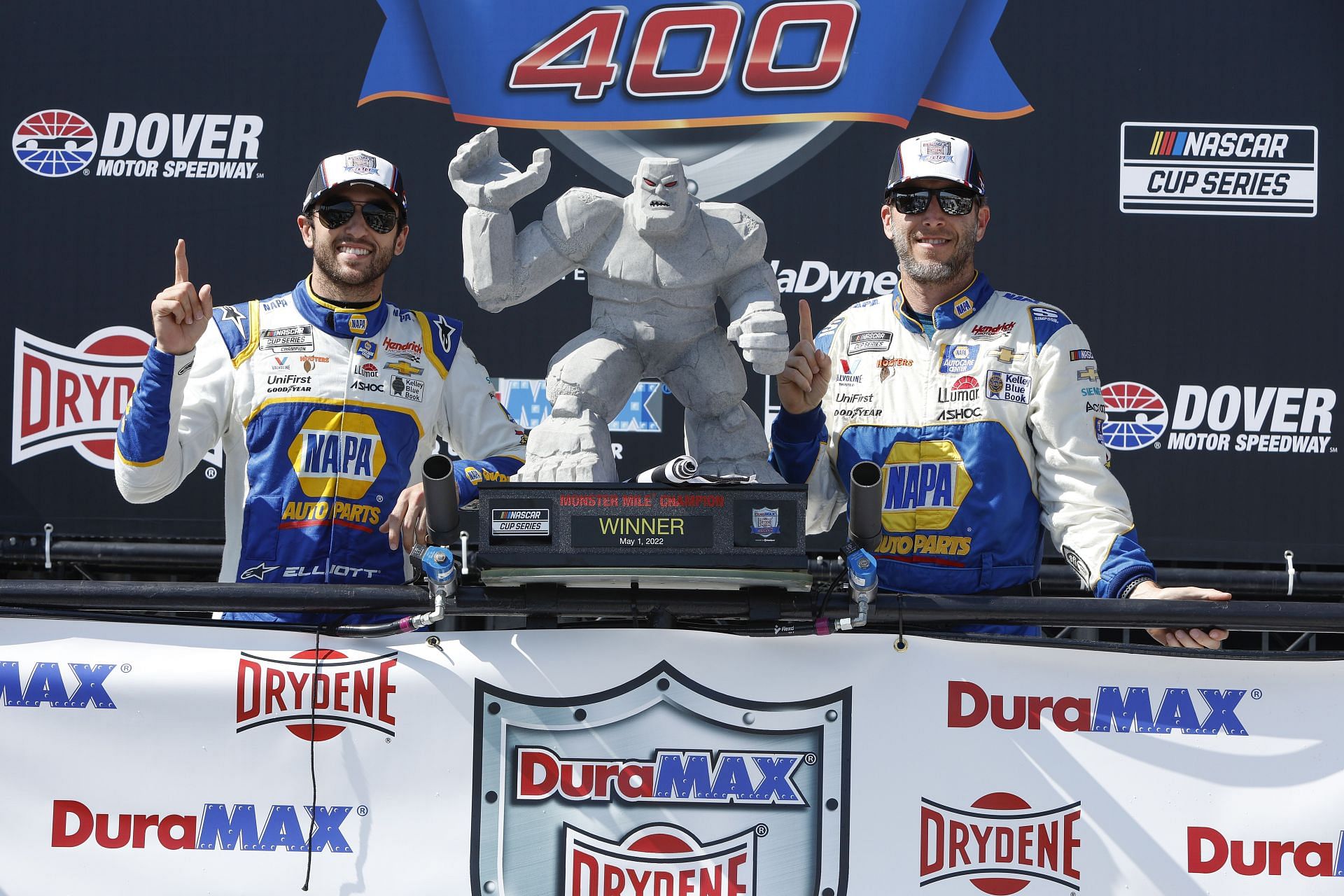 Chase Elliott and crew crew chief Alan Gustafson celebrate in victory lane after winning the NASCAR Cup Series DuraMAX Drydene 400 presented by RelaDyne at Dover Motor Speedway (Photo by Sean Gardner/Getty Images)