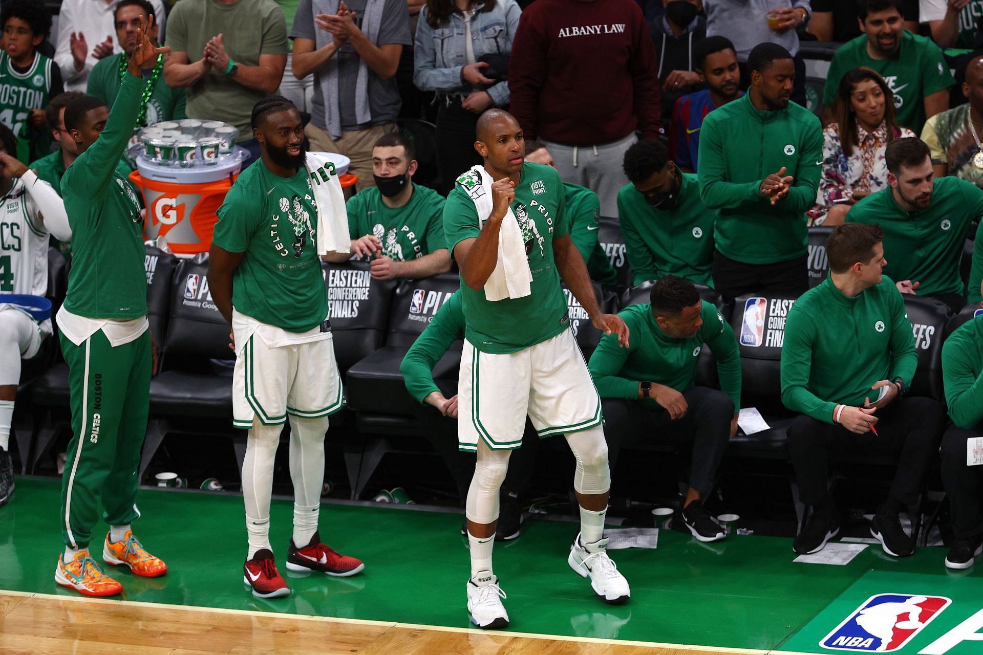 Al Horford #42 of the Boston Celtics reacts from the bench against the Miami Heat.