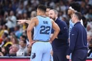 Head coach Taylor Jenkins talks with Desmond Bane #22 of the Memphis Grizzlies