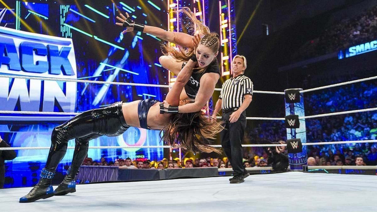 Raquel Rodriguez during her match against Rousey on SmackDown
