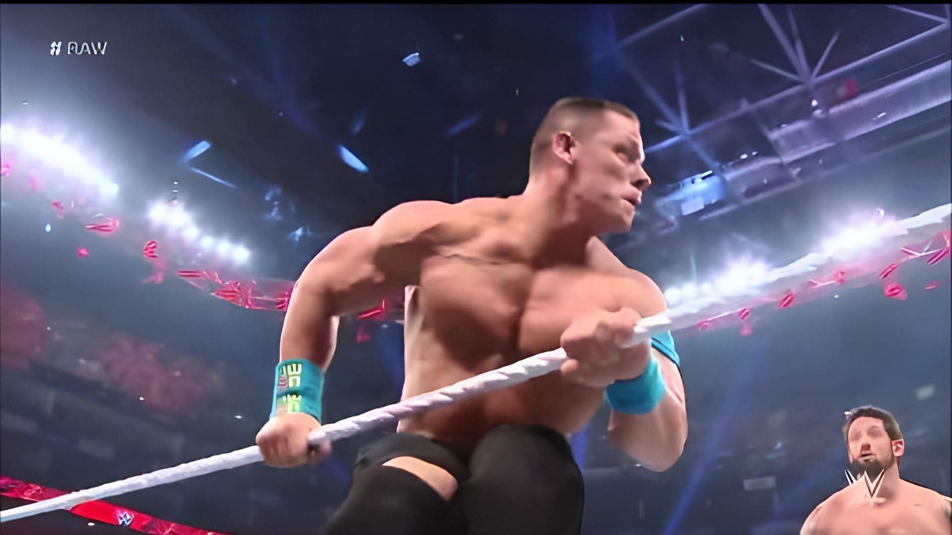 John Cena performing his infamous Springboard Stunner