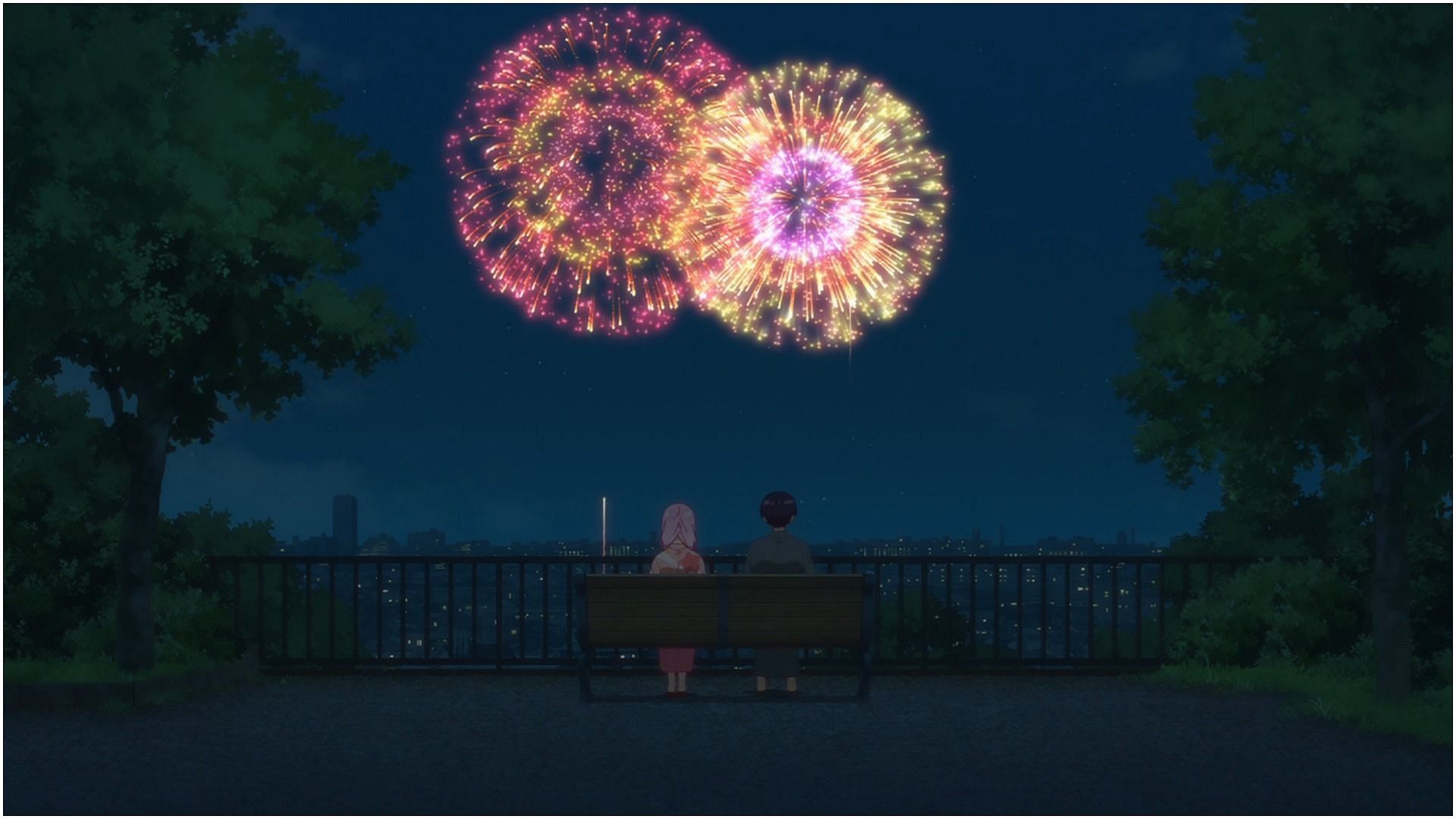 Shikimori and Izumi watching fireworks as seen in Shikimori&rsquo;s Not Just a Cutie (Image via Doga Kobo)