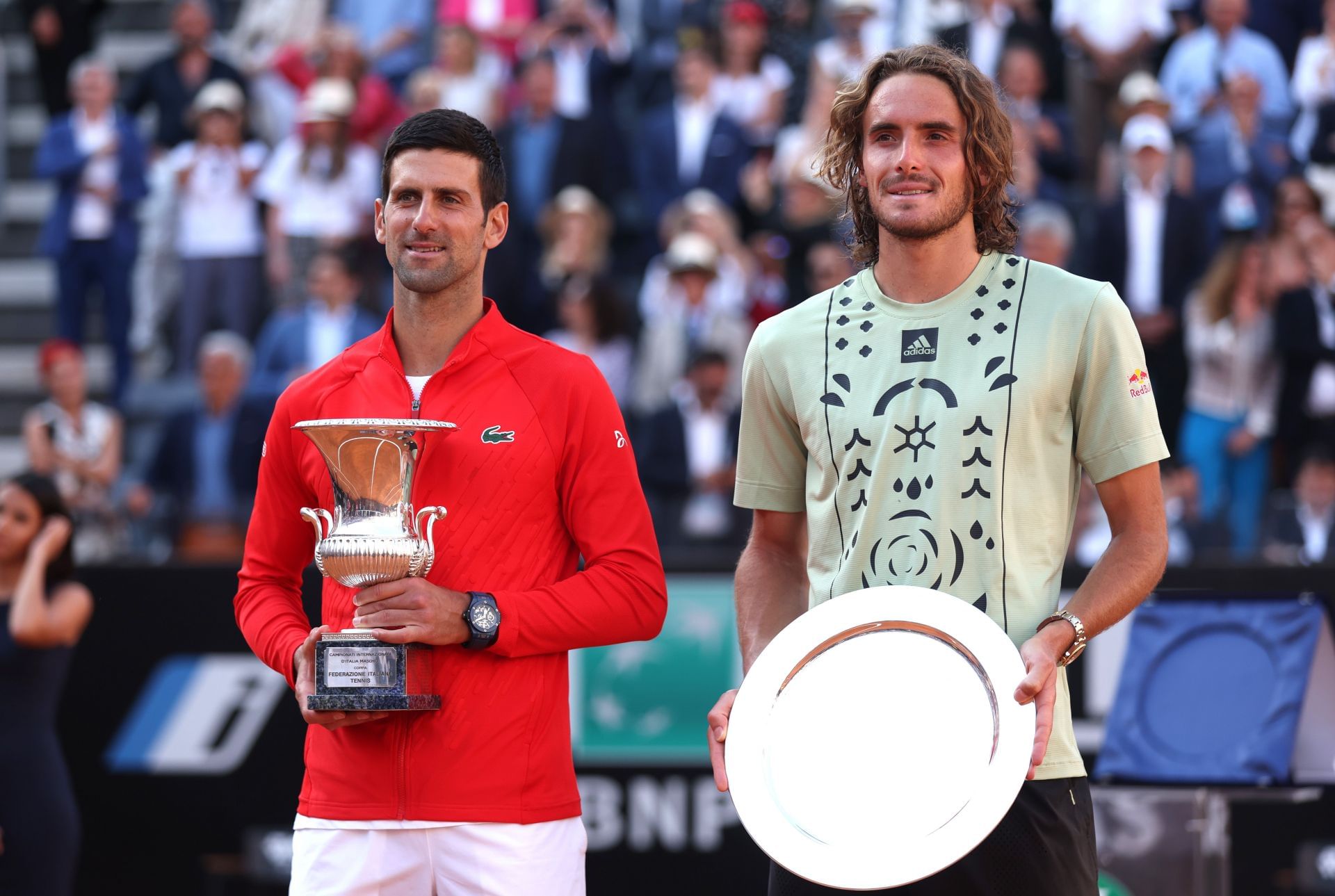 Novak Djokovic and Stefanos Tsitsipas following the 2022 Italian Open final