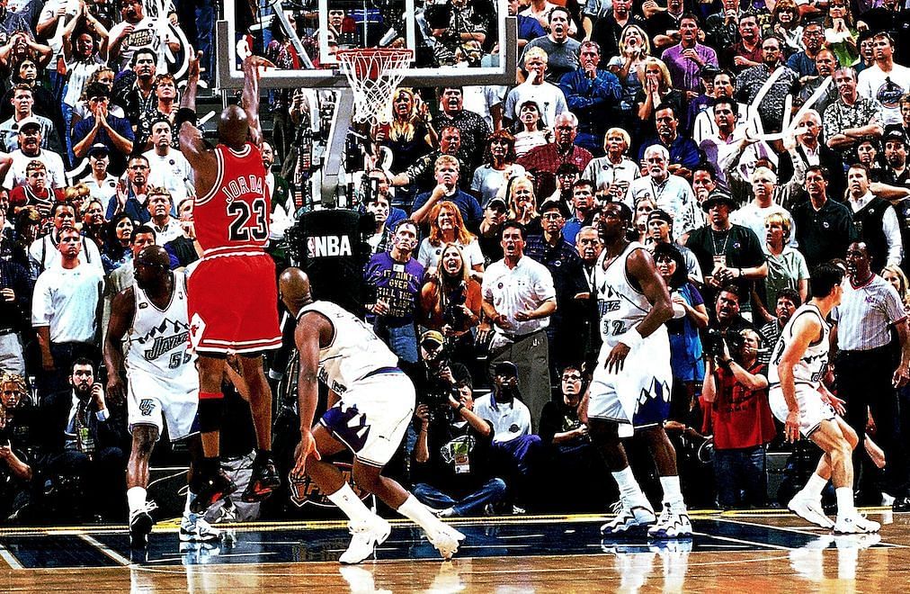 Michael Jordan&#039;s famous &quot;The Shot&quot; in Game 6 of the 1998 NBA Finals.