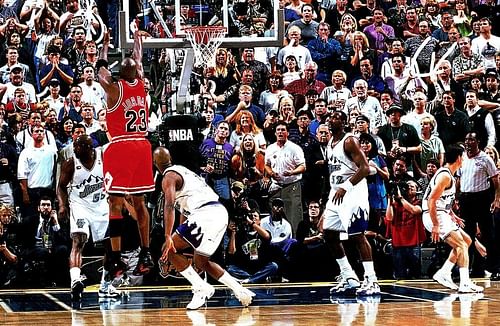 Michael Jordan's famous "The Shot" in Game 6 of the 1998 NBA Finals.