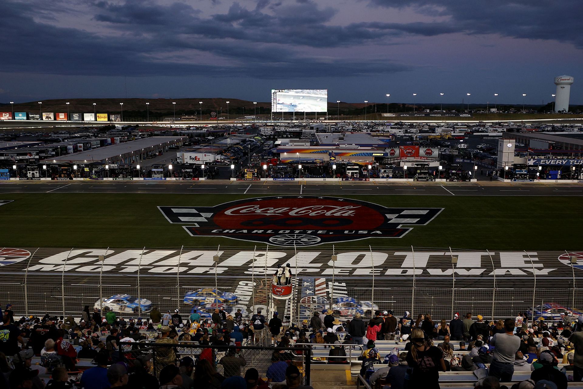 A general view from the grandstands of the race during the NASCAR Cup Series Coca-Cola 600 at Charlotte Motor Speedway