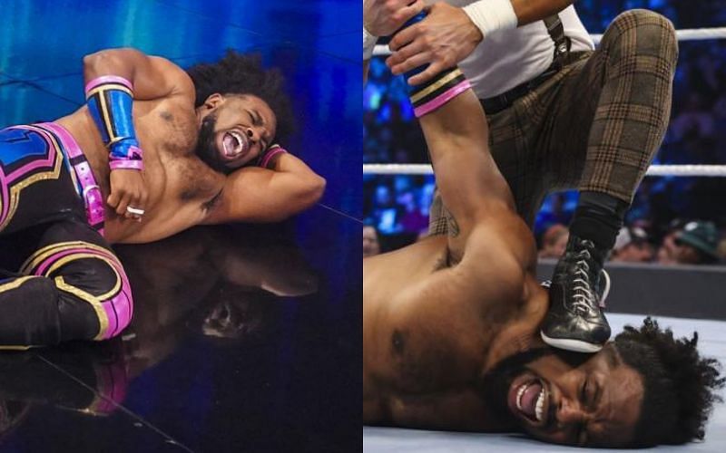 Xavier Woods after the post-match attack (left), Woods in action on WWE SmackDown (right)