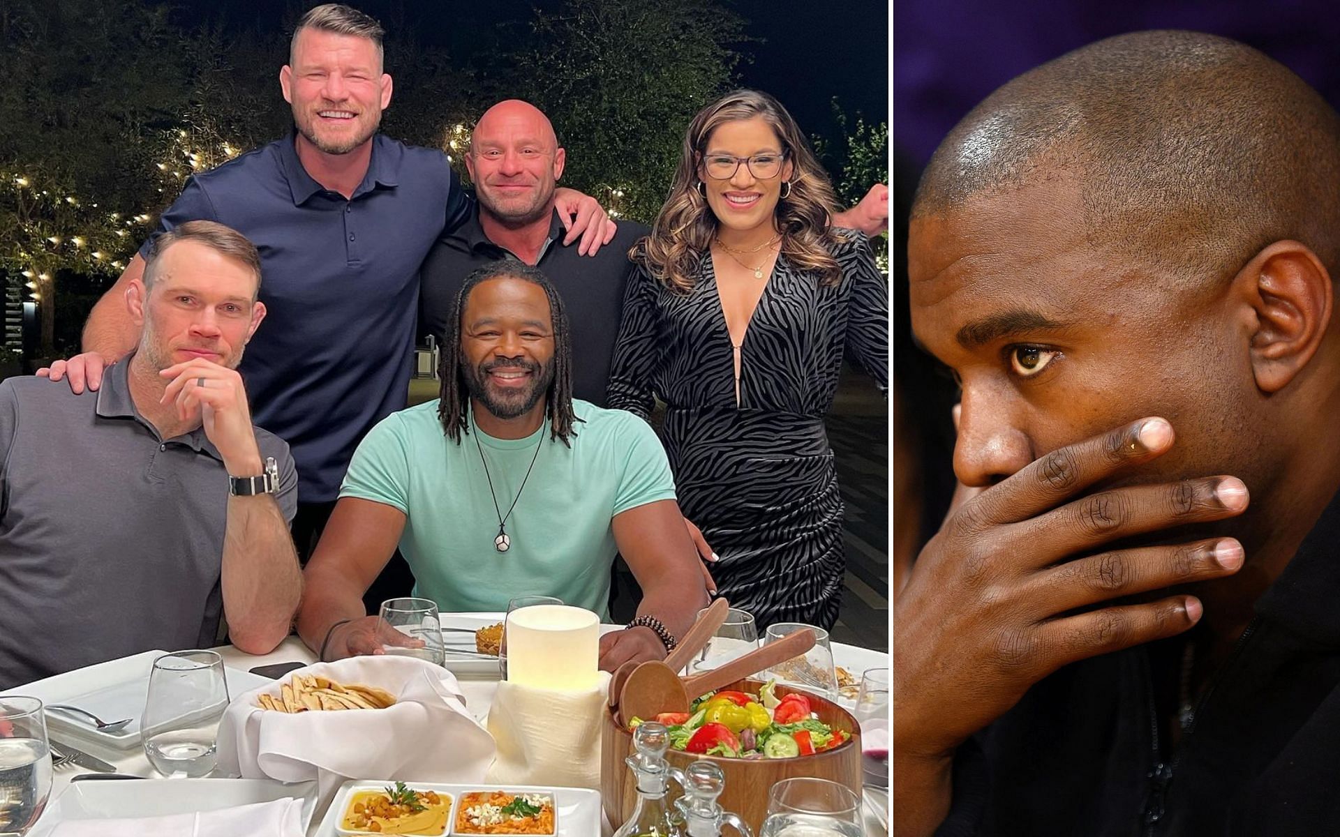 Michael Bisping, Forrest Griffin, Rashad Evans, Julianna Pena, and Matt Serra (Left) and Kanye West (Right) (Images courtesy of @mikebisping Instagram and Getty)