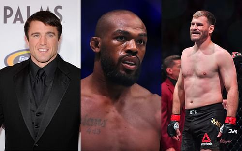 Chael Sonnen (left); Jon Jones (center); Stipe Miocic (right)