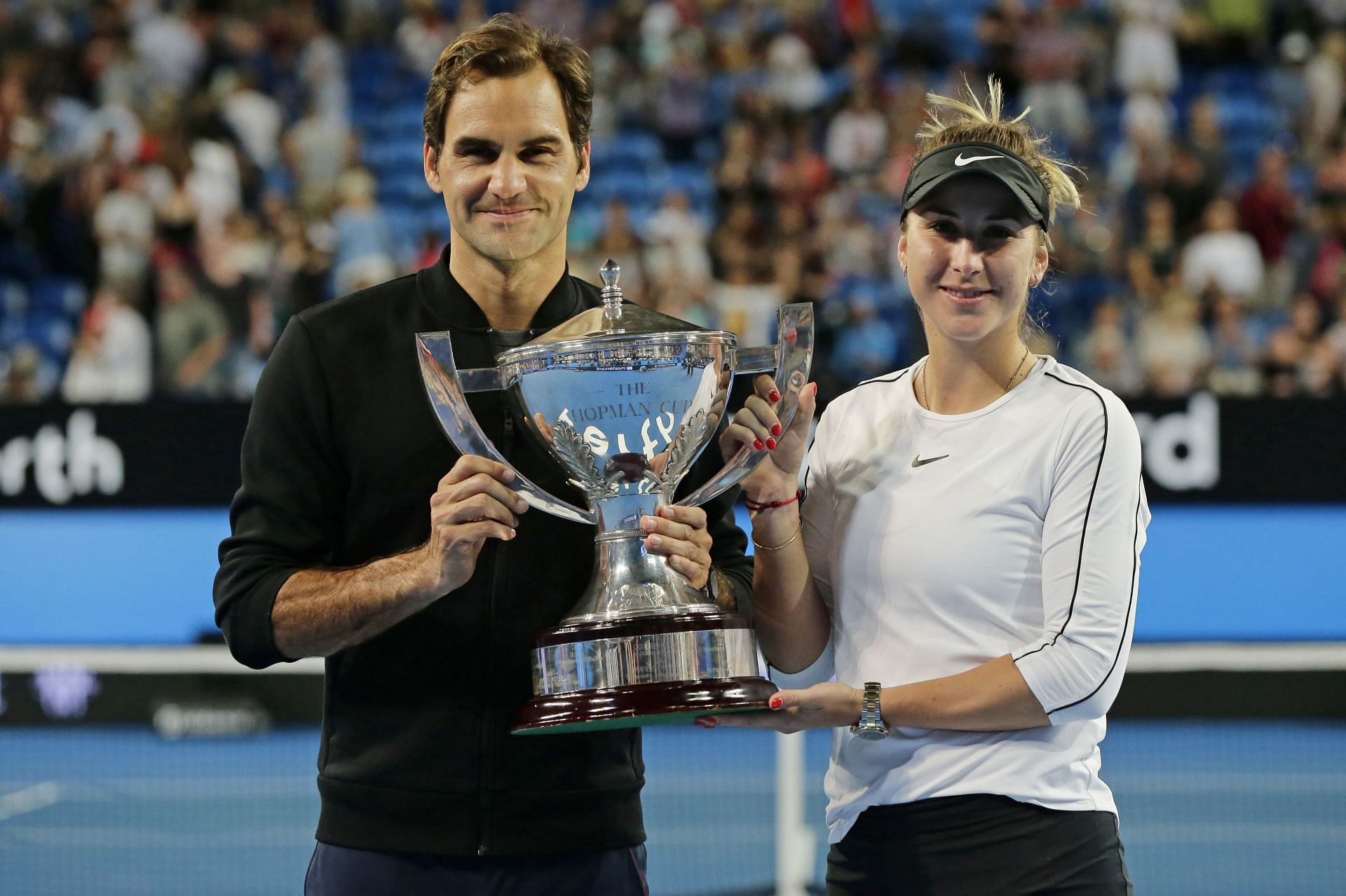 Roger Federer and Belinda Bencic celebrate winning the 2019 Hopman Cup