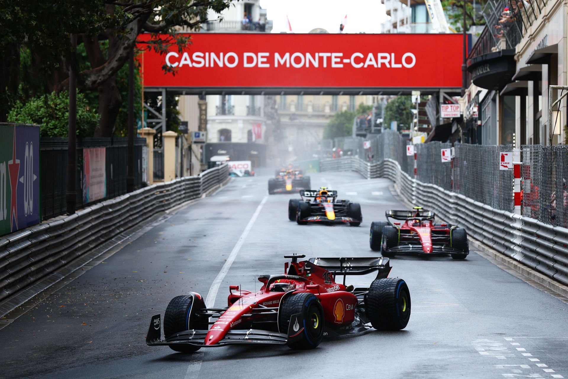 Charles Leclerc and Carlos Sainz of Ferrari driving during the F1 Grand Prix of Monaco (Photo by Clive Rose/Getty Images)