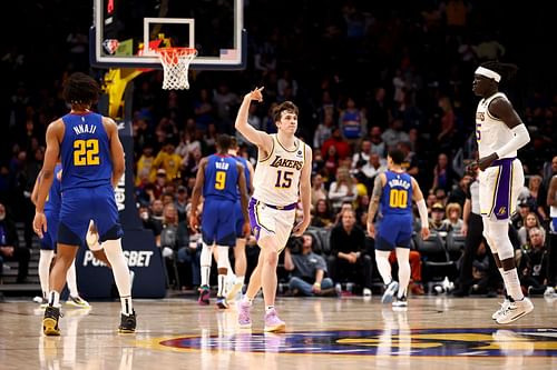 Los Angeles Lakers v Denver Nuggets; Austin Reaves celebrates after a three