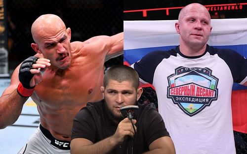 Junior dos Santos (left), Khabib Nurmagomedov (center), Fedor Emelianenko (right) (Images via Getty, YouTube / EagleFC, and YouTube / Bellator)