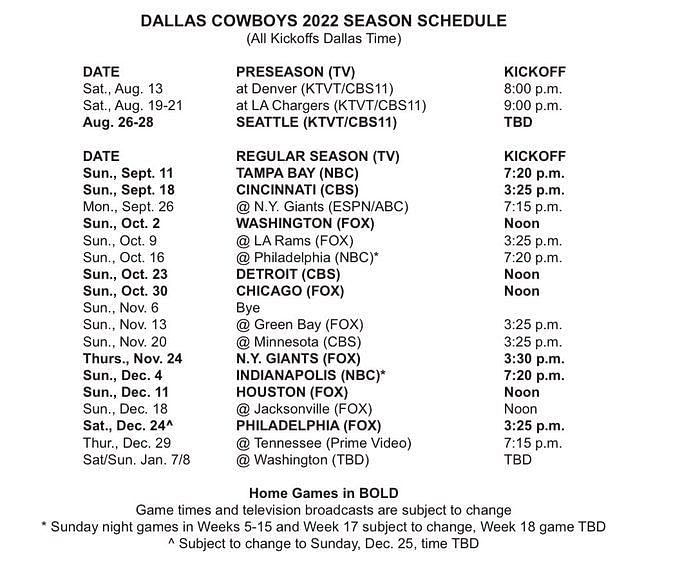 cowboys schedule 2022