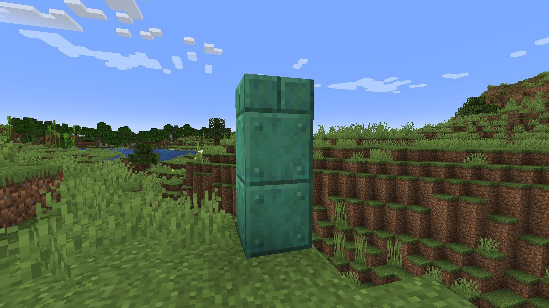 A representation in block of the player&#039;s jump height under a Leaping effect of potency 2 (Image via Minecraft)