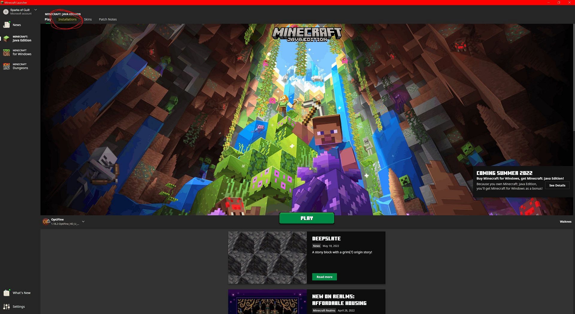 Where the installations tab can be found in the launcher (Image via Minecraft Launcher)