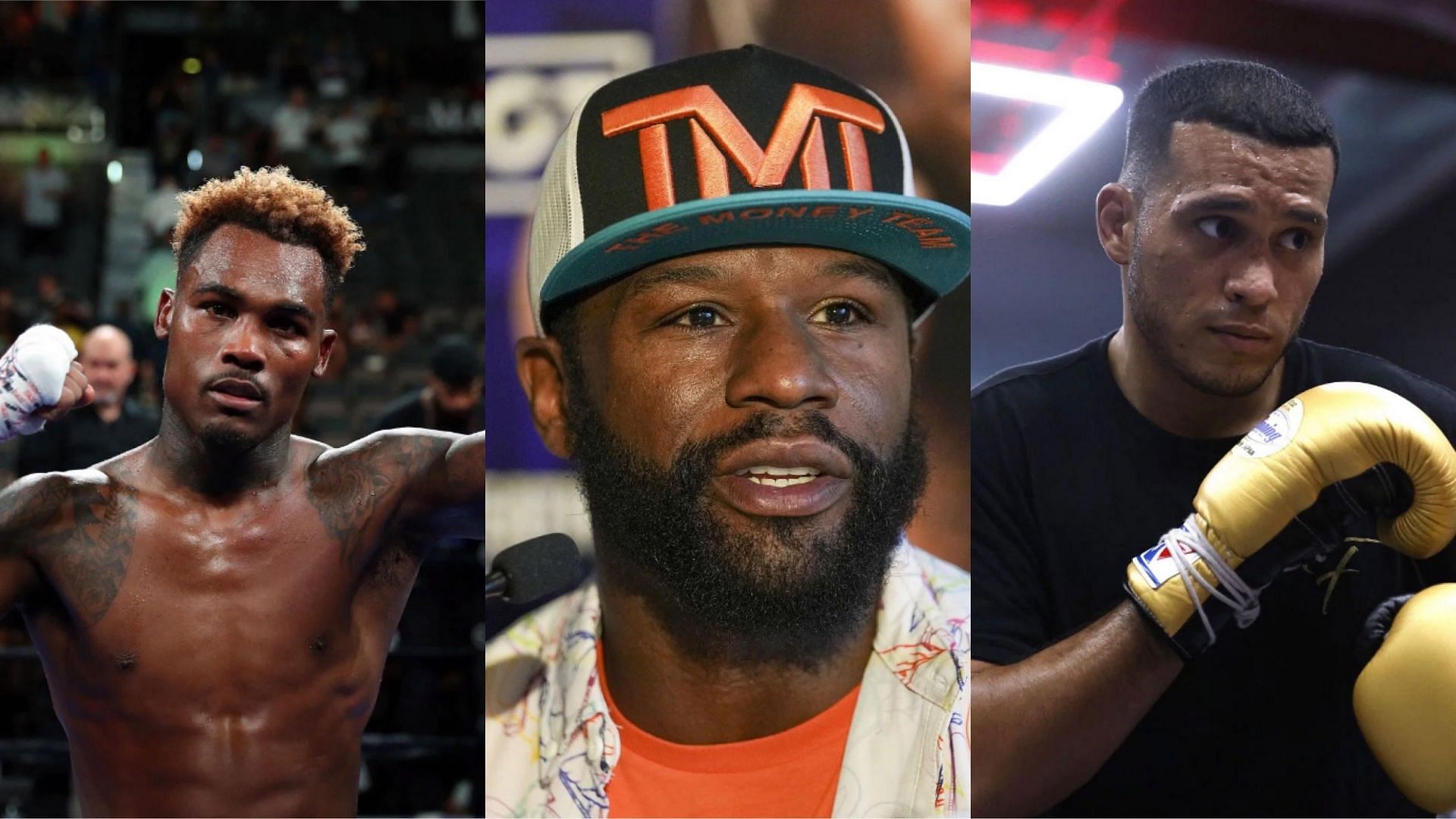 Jermell Charlo (left), Floyd Mayweather (center), David Benavidez (right) [images courtesy of Getty]