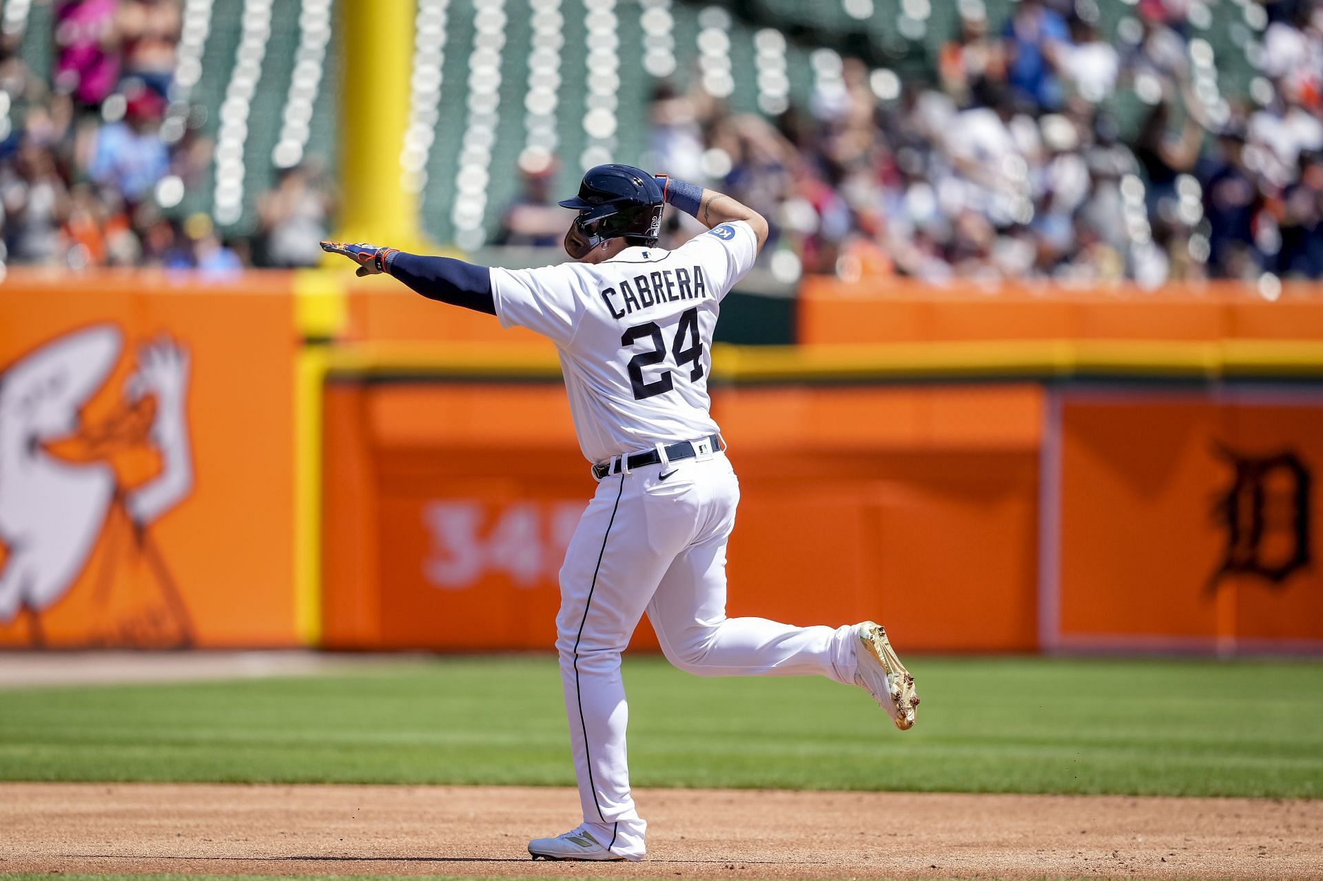 Cabrera rounds the bases at Comerica Park after belting a home run. 