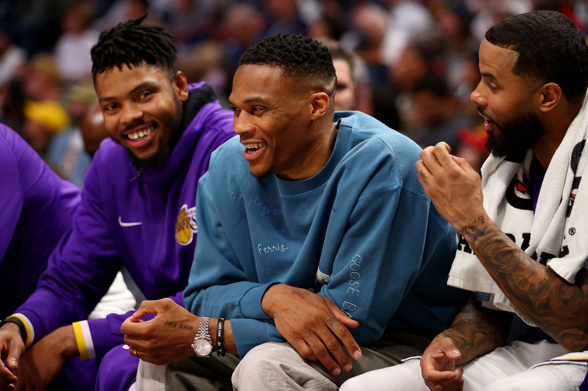Russell Westbrook of the LA Lakers laughs on the bench.