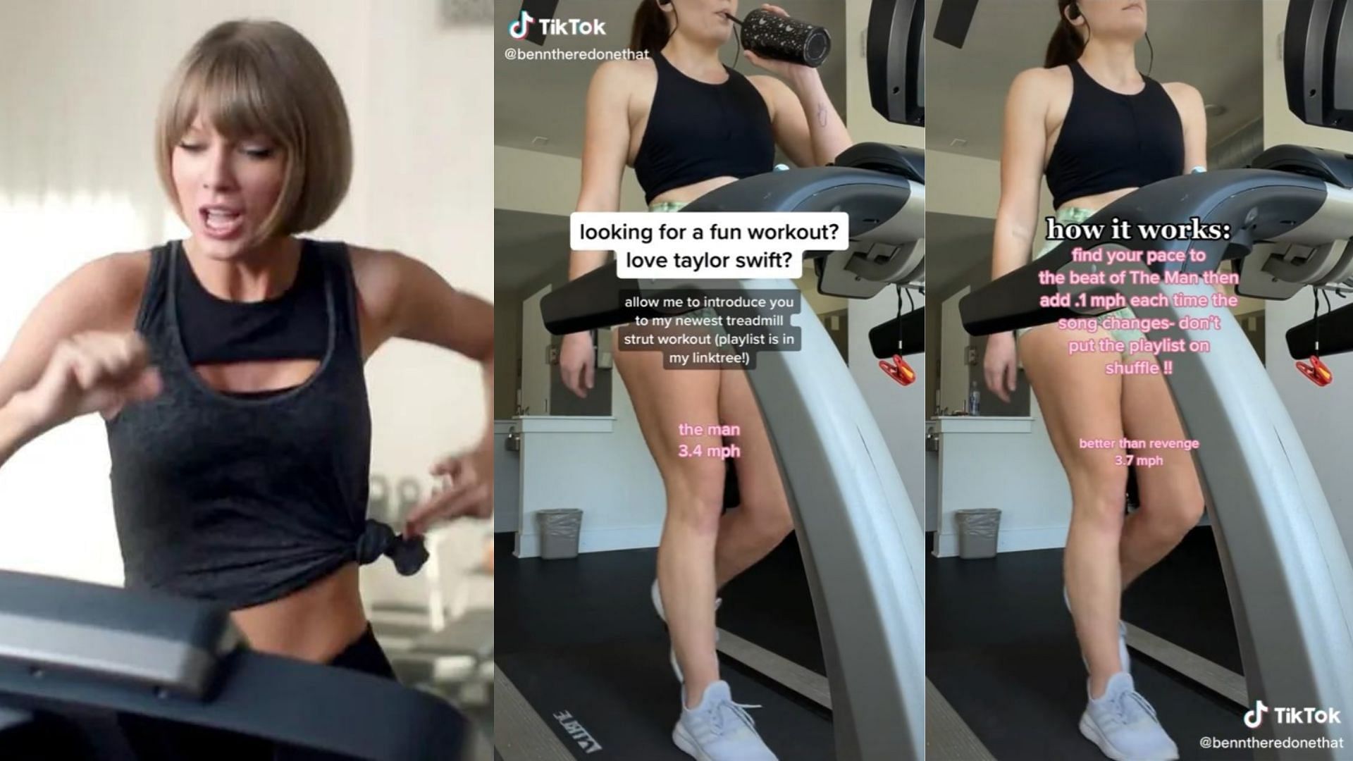 A viral Taylor Swift treadmill workout is making the rounds on TikTok (Images via YouTube &amp; Allie Bennet/TikTok)