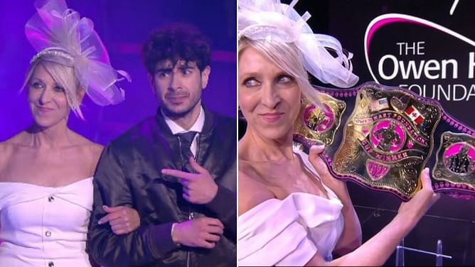 Dr. Martha Hart awards title belts to the winners of the Owen Hart Foundation Tournament at AEW Double or Nothing
