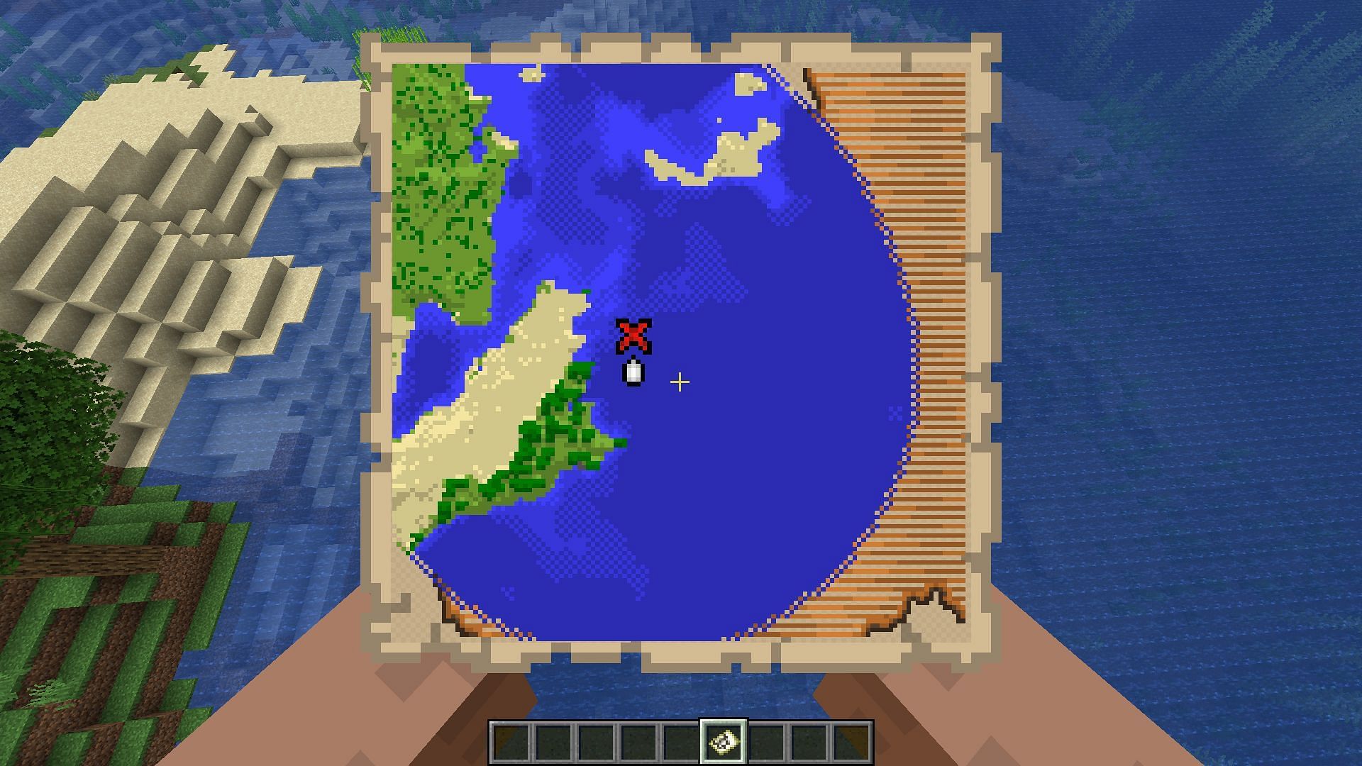 Travel to the X mark to find the buried treasure (Image via Mojang)