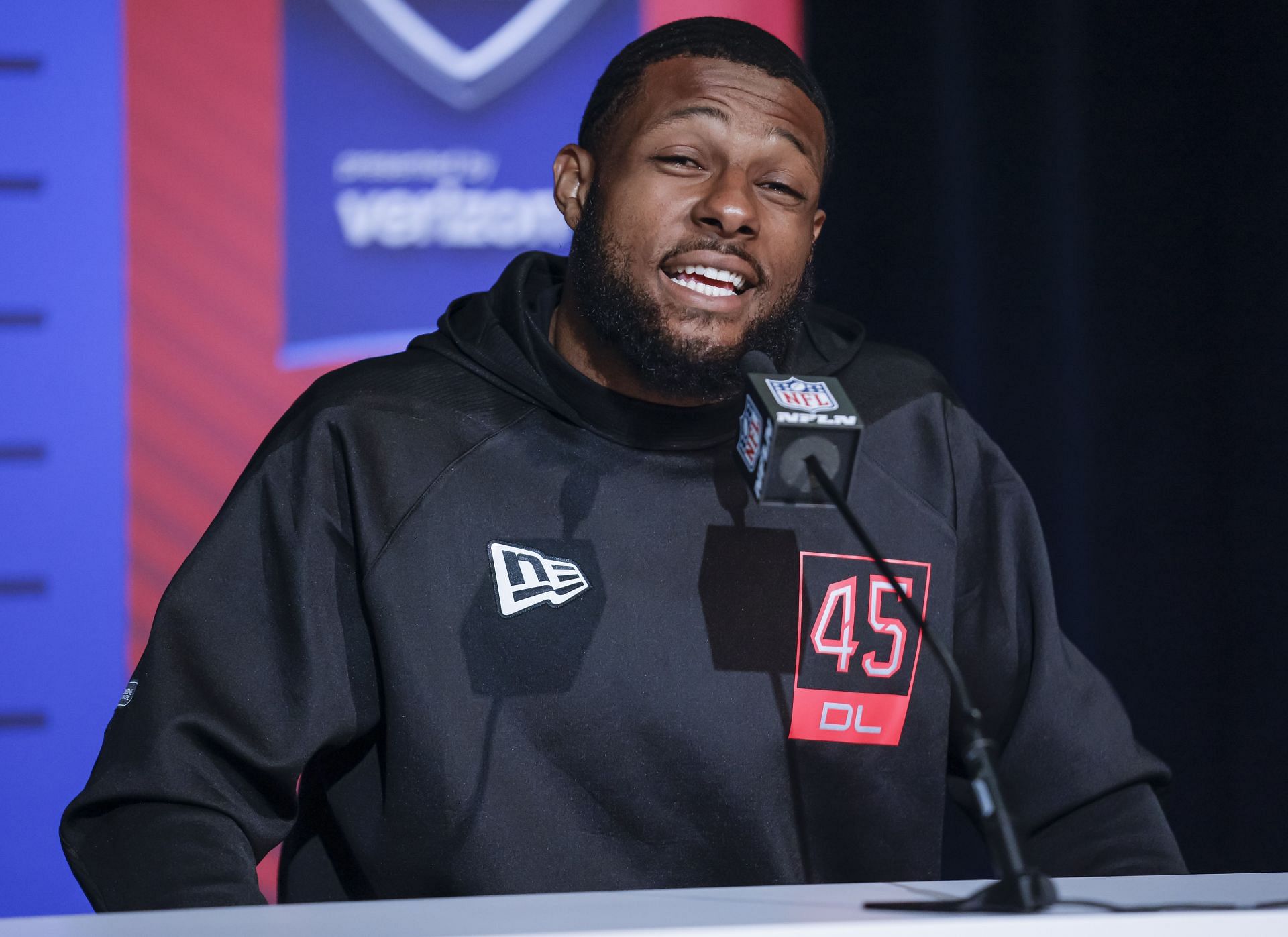 New York Giants first round NFL Draft Pick Kayvon Thibodeaux speaks to reporters at the NFL Draft Combine in Indianapolis, Indiana, on March 4th, 2022