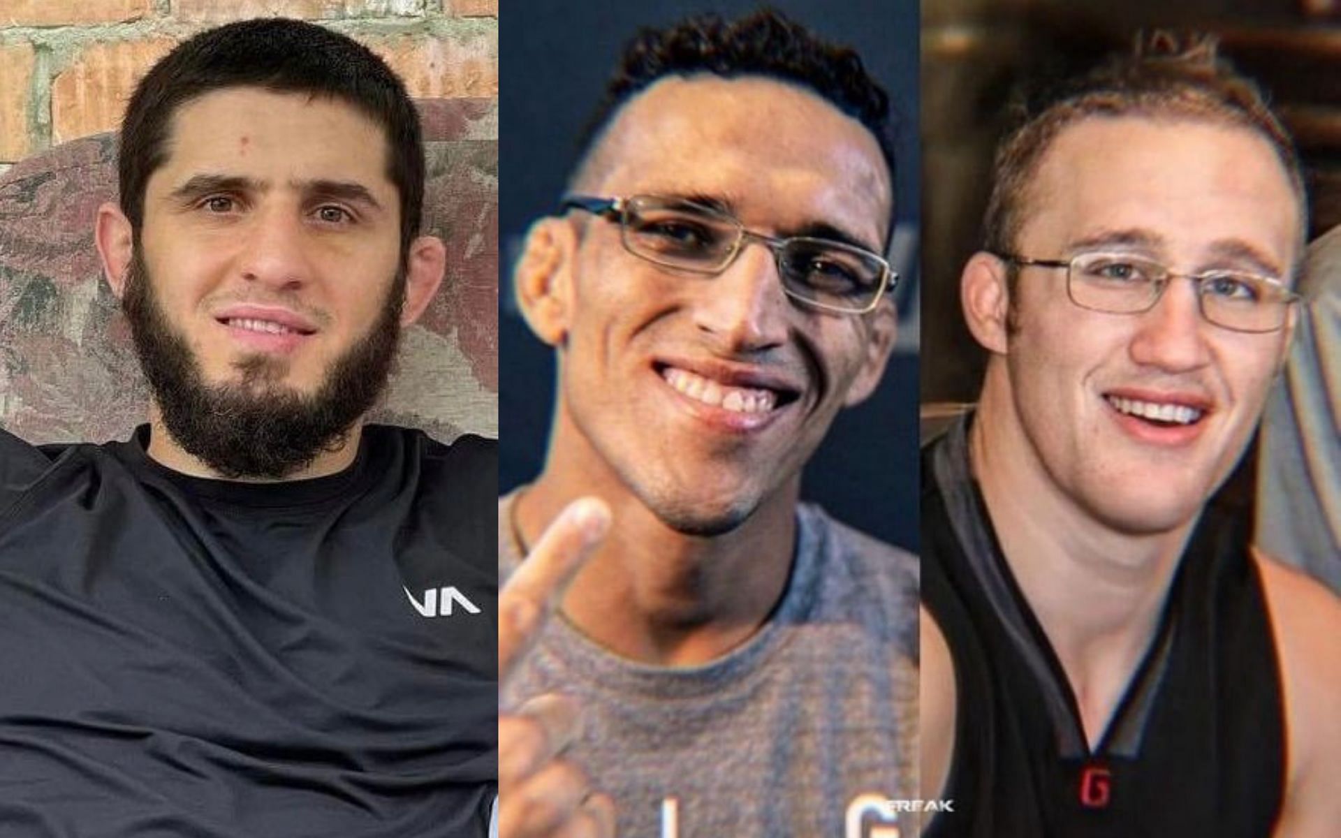 From left to right: Islam Makhachev, Charles Oliveira and Justin Gaethje [Image Courtesy: @MAKHACHEVMMA on Twitter]