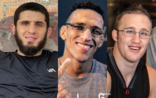 From left to right: Islam Makhachev, Charles Oliveira and Justin Gaethje [Image Courtesy: @MAKHACHEVMMA on Twitter]