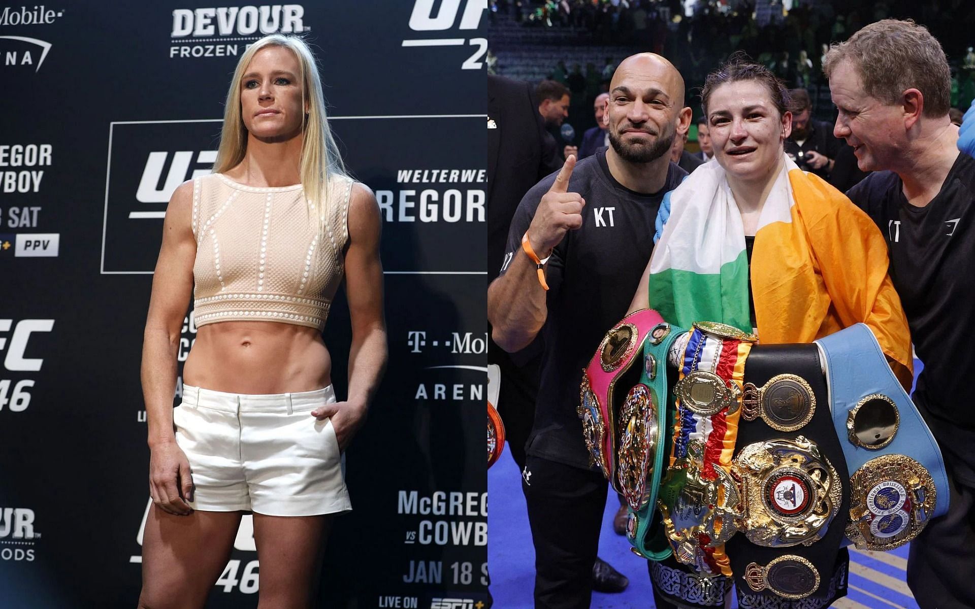 Holly Holm (L) has discussed a possible return to boxing to fight Katie Taylor (R)
