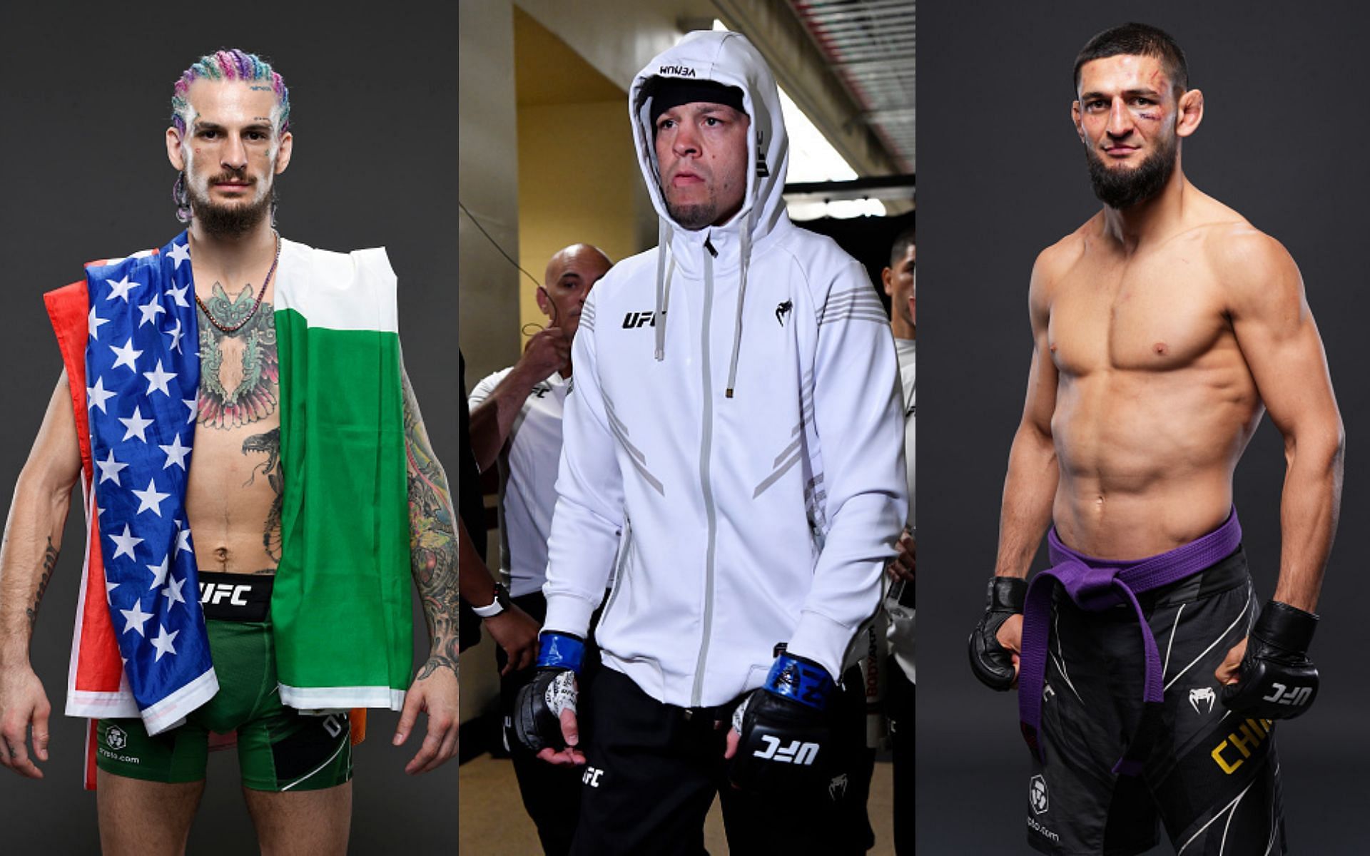 Sean O&#039;Malley (left), Nate Diaz (middle), and Khamzat Chimaev (right) (Images via Getty)