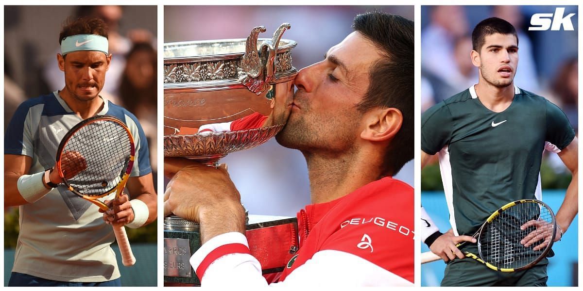Todd Woodbridge reckons Novak Djokovic [center] is the favorite for the 2022 French Open, ahead of Alcaraz [right] and Nadal