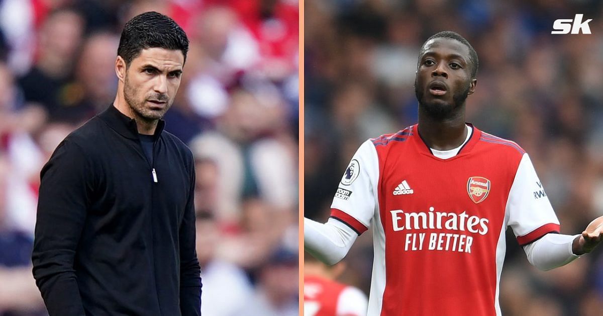 Arsenal manager Mikel Arteta (left) and Nicolas Pepe (right)