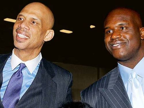 LA Lakers legends Shaquille O'Neal (right) and Kareem Abdul-Jabbar (left).