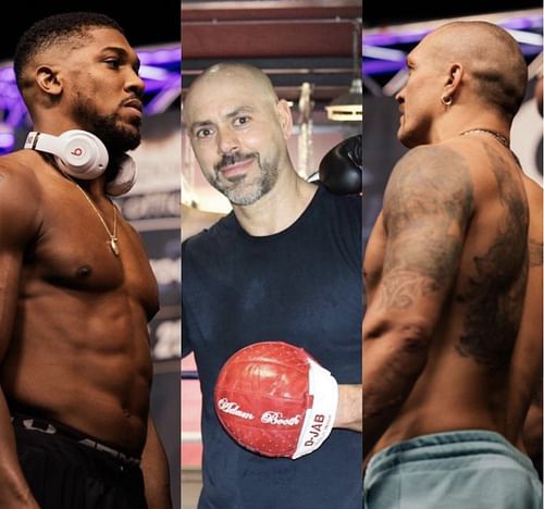 'AJ' Anthony Joshua (left), Adam Booth (middle), Oleksandr Usyk (right)