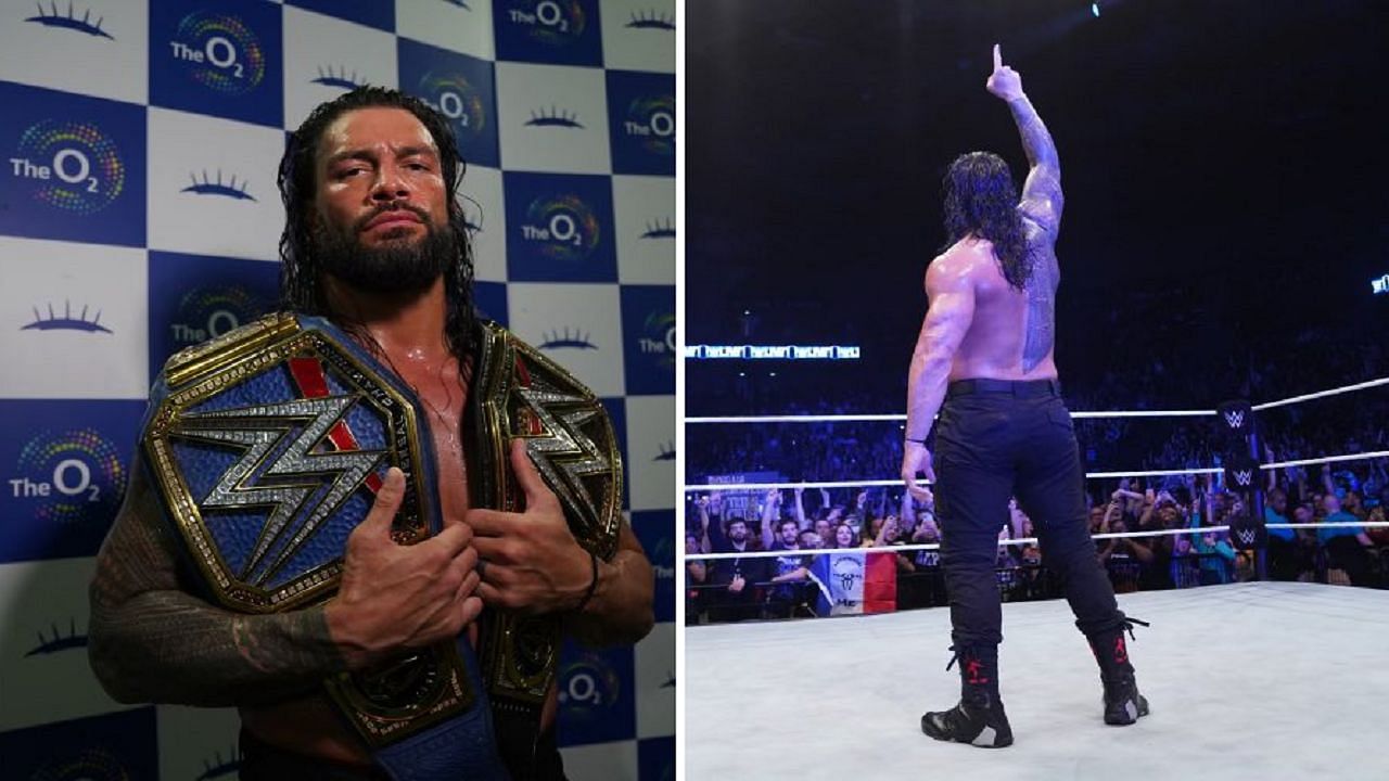 Roman Reigns backstage with his titles (left); Reigns poses in front of the crowd (right)