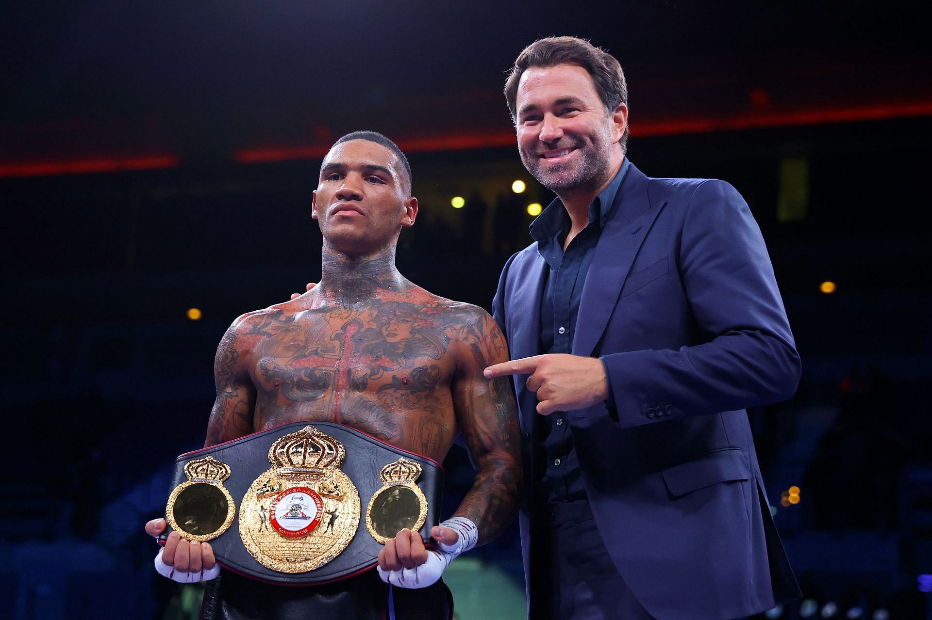 Conor Benn (left) and Eddie Hearn (right) - [Images via Getty Images]