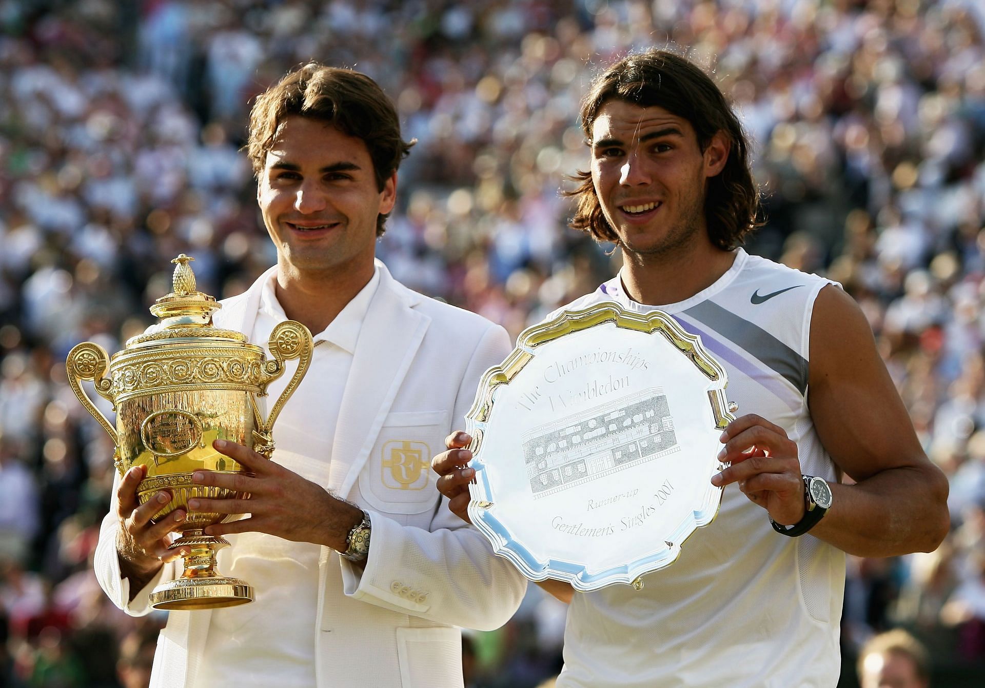 Roger Federer and Rafael Nadal following the 2007 Wimbledon final