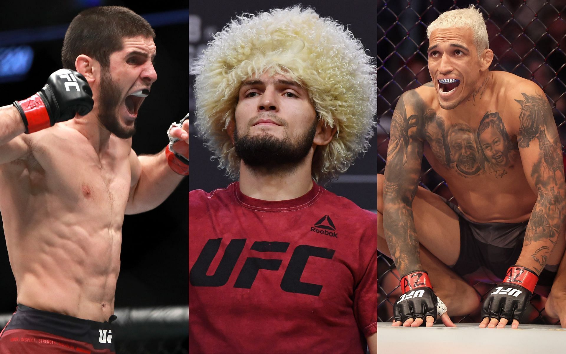 Islam Makhachev (left); Khabib Nurmagomedov (center); Charles Oliveira (right)