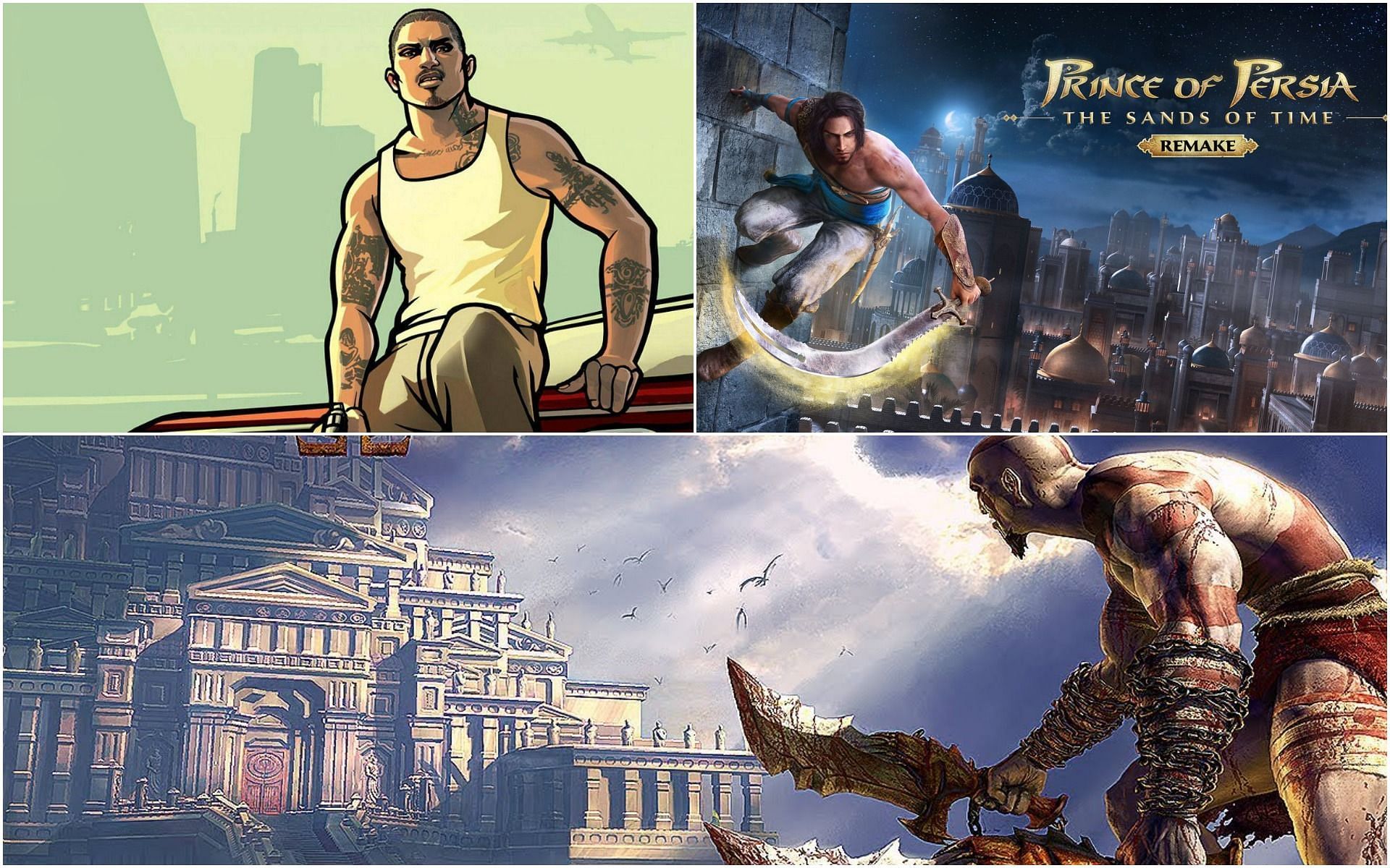 Some of the most iconic games of the Playstation 2 (Images via Rockstar, Ubisoft, and Sony)