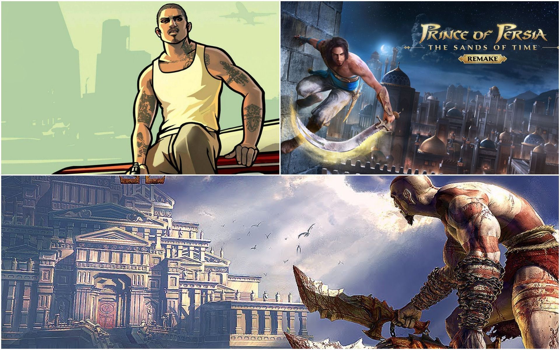 Some of the most iconic games of the Playstation 2 (Images via Rockstar, Ubisoft, and Sony)