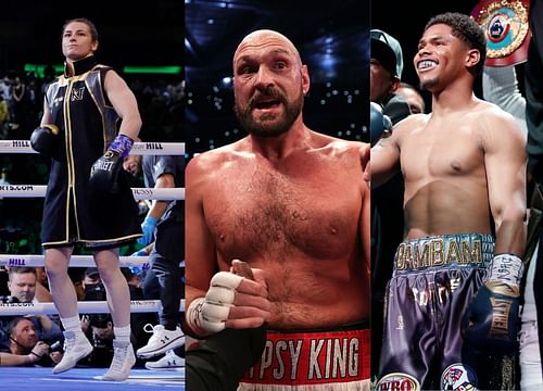 Katie Taylor (left) Tyson Fury (center) Shakur Stevenson (right)