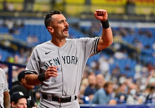 New York Yankees new acquisition Matt Carpenter slugged a home run in his first at bat with the New York Yankees