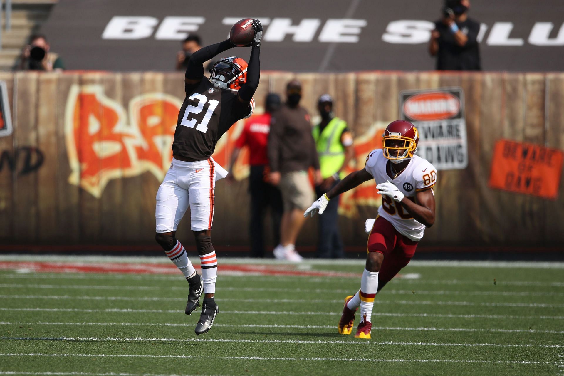 Cleveland Browns cornerback Denzel Ward records an interception