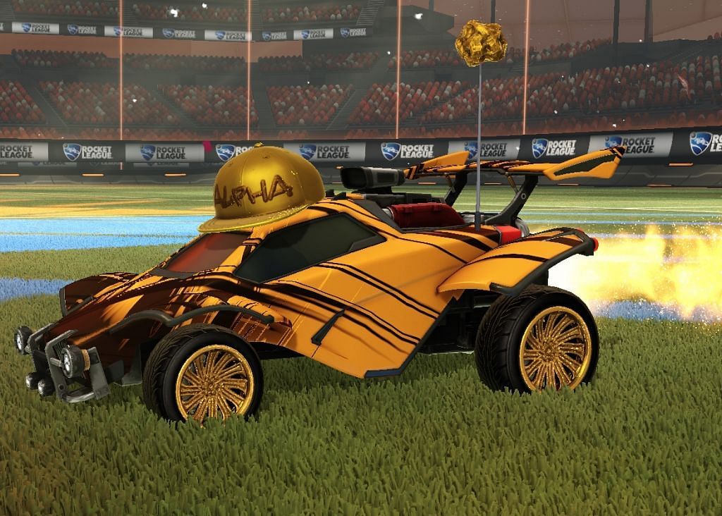 A Rocket League car dons the Gold Cap Alpha Reward (Image via Psyonix)