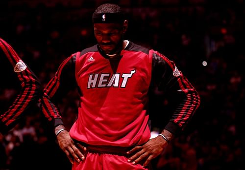 LeBron James #6 of the Miami Heat looks on during the national anthem prior to Game Five of the 2014 NBA Finals against the San Antonio Spurs at the AT&T Center on June 15, 2014 in San Antonio, Texas.