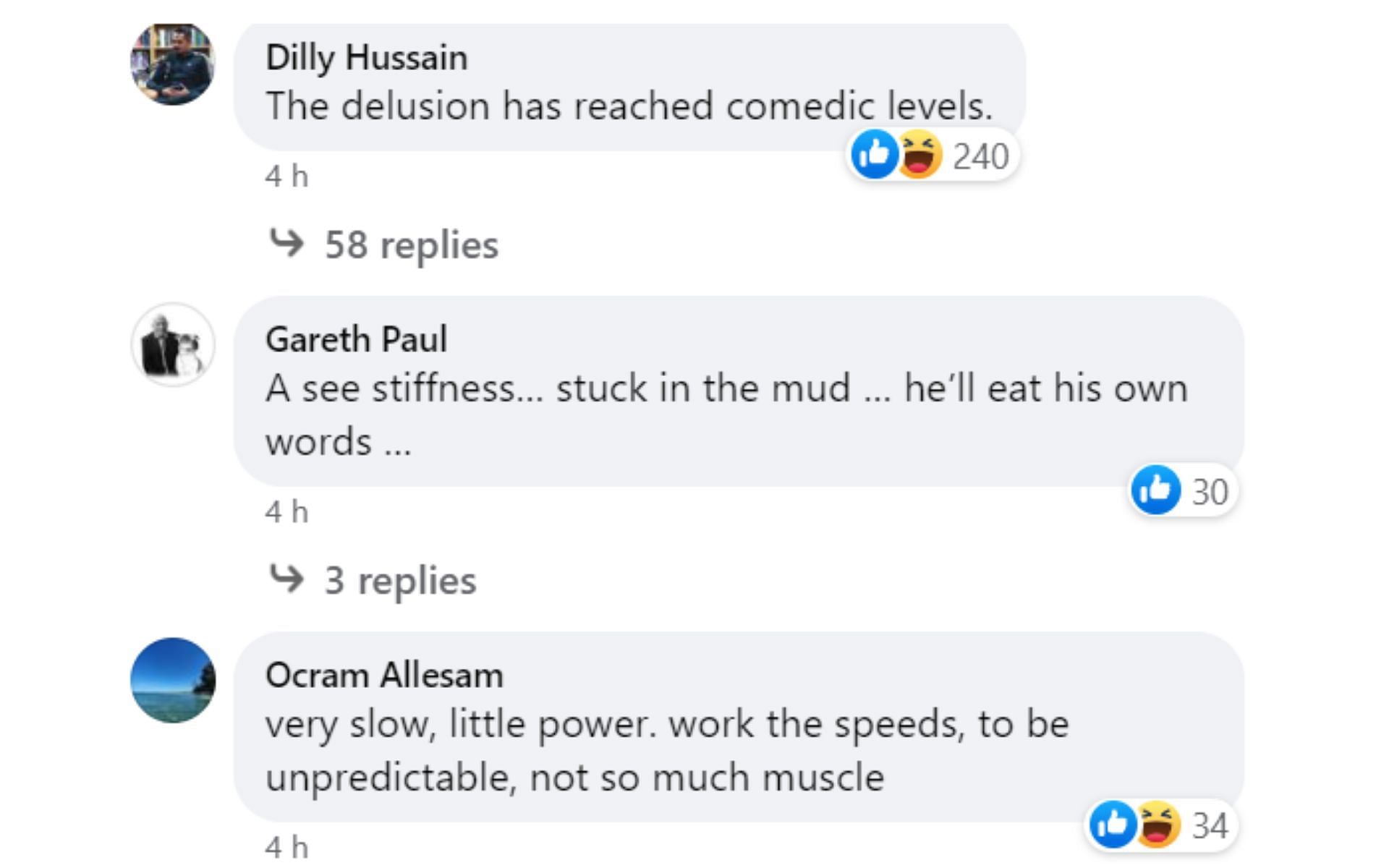 Screenshots of comments under Conor McGregor's post on Facebook