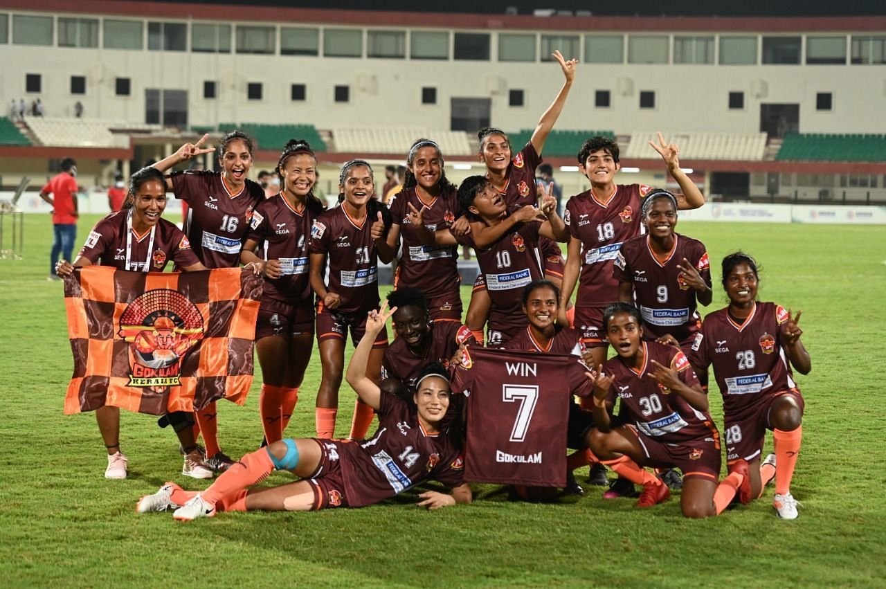 Gokulam Kerala FC players celebrating after winning their second IWL title. (Image Courtesy: Twitter/IndianFootball)