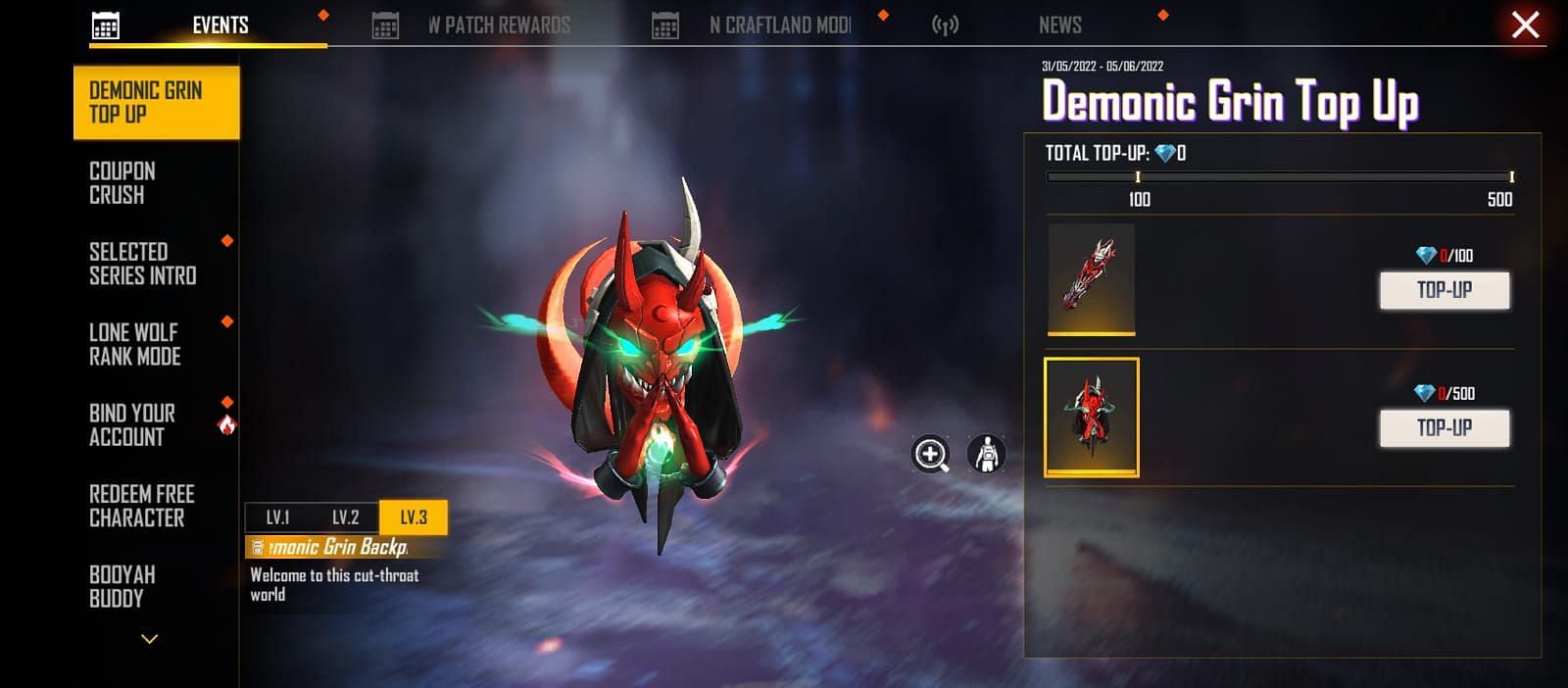 The Demonic Grin Backpack can be claimed by topping up 500 diamonds (Image via Garena)