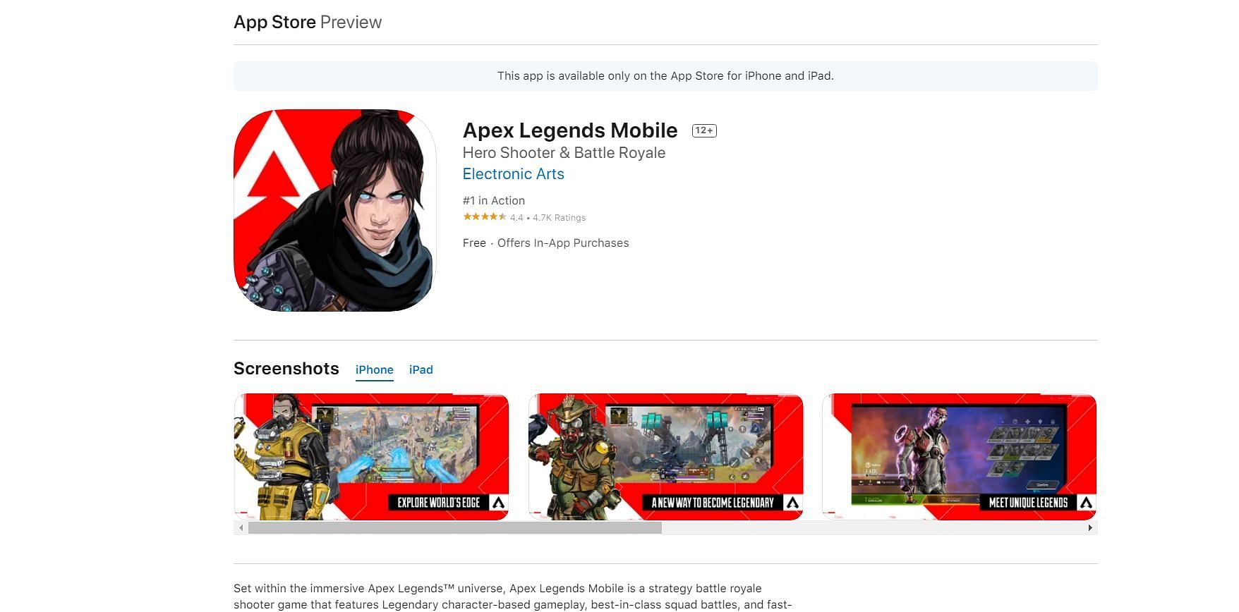 Apex Legends Mobile is sitting at the first position in the action genre (Image via App Store/EA)